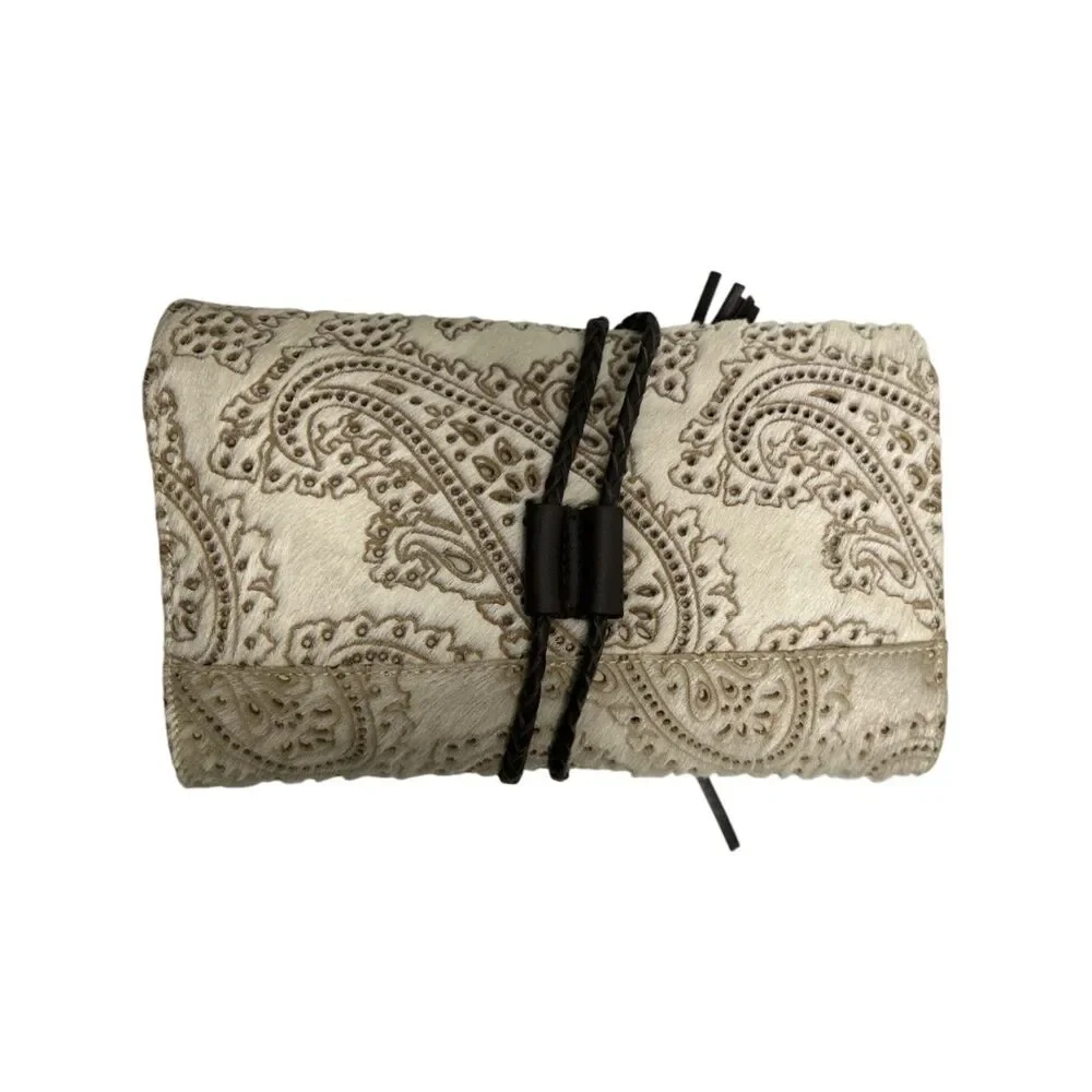 Penelope Chilvers Paisley Hair on Hide Leather Clutch Wrap Bag Boho Tassel Cream